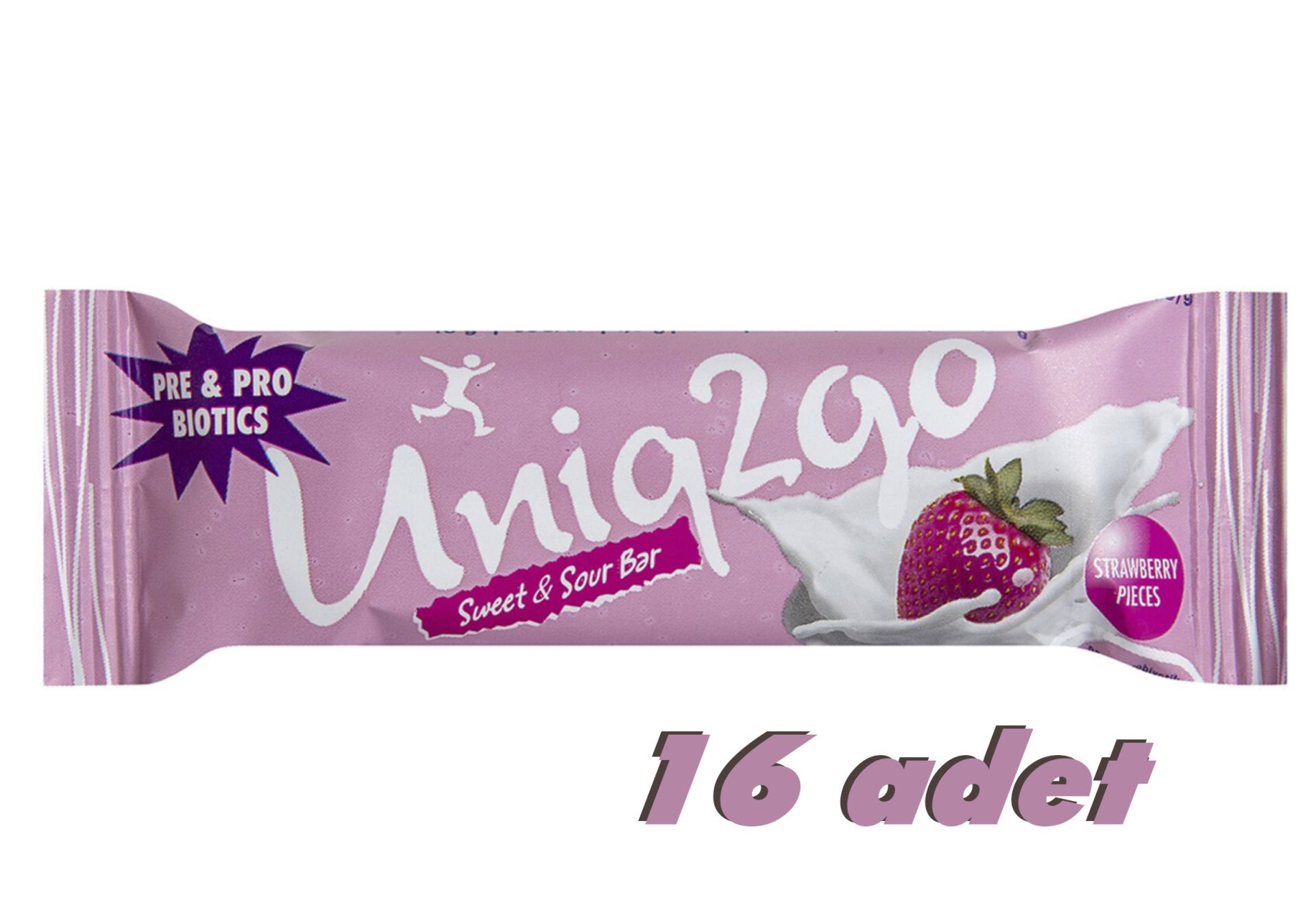 UNİQ2GO SWEET & SOUR BAR ÇİLEK PARÇACIKLI PREBİYOTİK VE PROBİYOTİKLİ + BAĞIŞIKLIK VİTAMİN VE MİNERALLERİ 16 LI PAKET