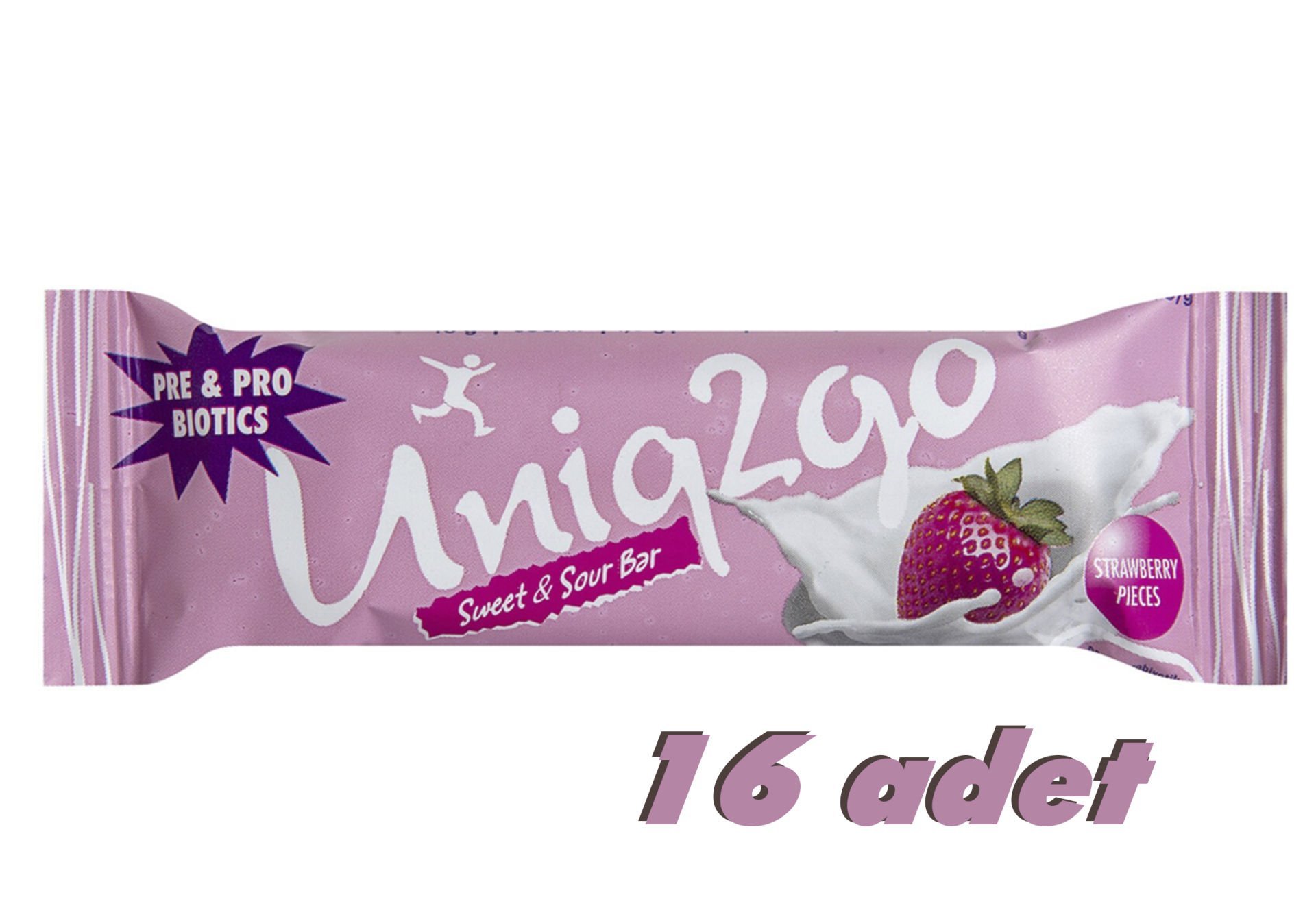 UNİQ2GO SWEET & SOUR BAR ÇİLEK PARÇACIKLI PREBİYOTİK VE PROBİYOTİKLİ + BAĞIŞIKLIK VİTAMİN VE MİNERALLERİ 16 LI PAKET